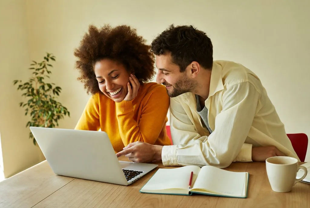 Two learners laughing while they practise German on a laptop