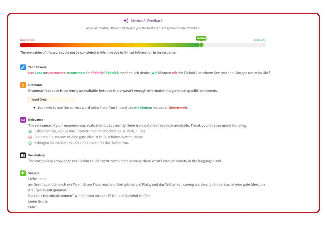 AI-powered German exam feedback with instant error explanations in your native language for Goethe, telc and TestDaF
